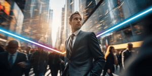 Mann steht in laufender Menschenmenge auf Zebrastreifen und schaut mit seinen Händen in der Hosentasche zur Seite